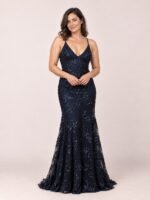 Sukienka maxi wieczorowa w cekiny, z odkrytymi plecami, Granatowy, przód, druga modelka
