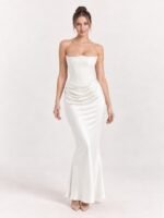 Sukienka maxi na studniówkę z satyny, gorsetowa, bez ramiączek, Ecru, przód