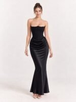 Sukienka maxi na studniówkę z satyny, gorsetowa, bez ramiączek, Czarny, przód