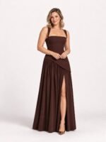 Sukienka maxi wieczorowa z gorsetem i rozcięciem, Brązowy, przód, druga modelka