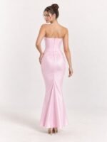 Sukienka maxi na studniówkę z satyny, gorsetowa, bez ramiączek, Różowy, tył