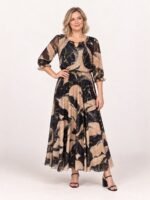 Sukienka maxi wieczorowa z szyfonu w marmurkowy wzór, Czarno-beżowy, przód, druga modelka