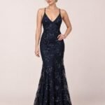 Sukienka maxi wieczorowa w cekiny, z odkrytymi plecami, Granatowy, przód