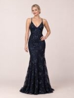 Sukienka maxi wieczorowa w cekiny, z odkrytymi plecami, Granatowy, przód