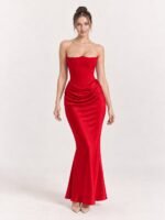 Sukienka maxi na studniówkę z satyny, gorsetowa, bez ramiączek, Czerwony, przód