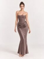 Sukienka maxi na studniówkę z satyny, gorsetowa, bez ramiączek, Brązowy, przód